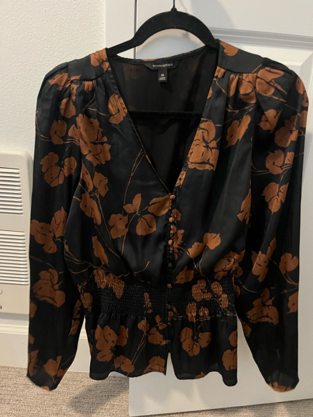 Banana Republic Black Satin Blouse with Brown Floral Print